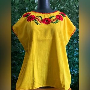 Artesanal Yellow Blouse with red flowers